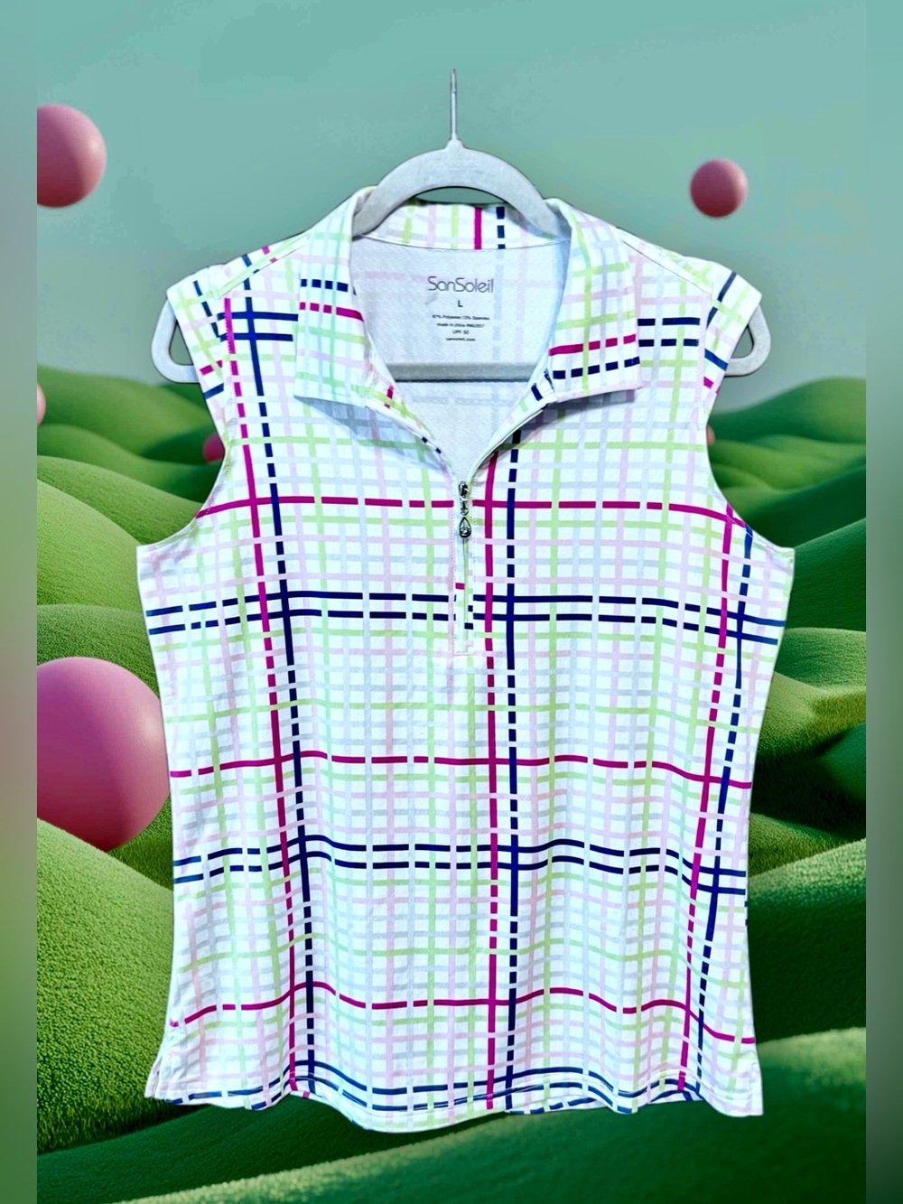 SanSoleil Women’s Sleeveless Zip-Front Plaid Tank White w Pink, Navy, Green L